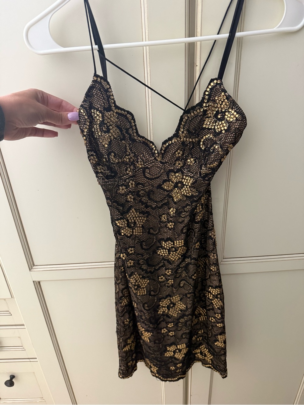 Black Lace Overlay Gold Sequin Slip Dress
